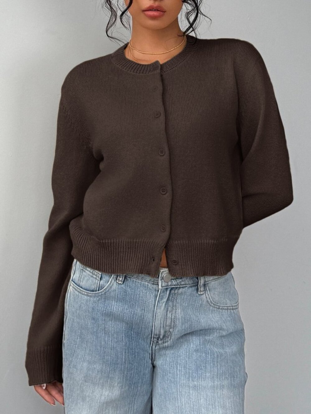 Coffee Brown Casual Women's Round Neck Long Sleeve Loose Cropped Cardigan - Picture 5 of 6